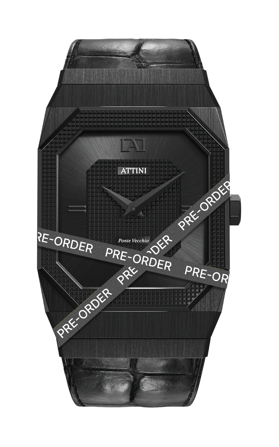 ATTINI - Ponte Vecchio, Firenze / Leather Strap (croc pattern), Black Color, Swiss Parts
