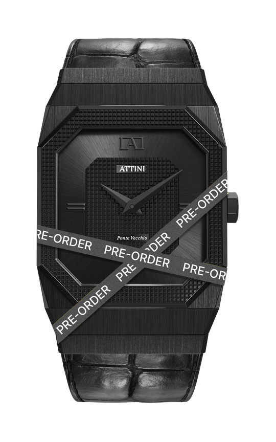 ATTINI - Ponte Vecchio, Firenze / Leather Strap (croc pattern), Black Color, Swiss Parts