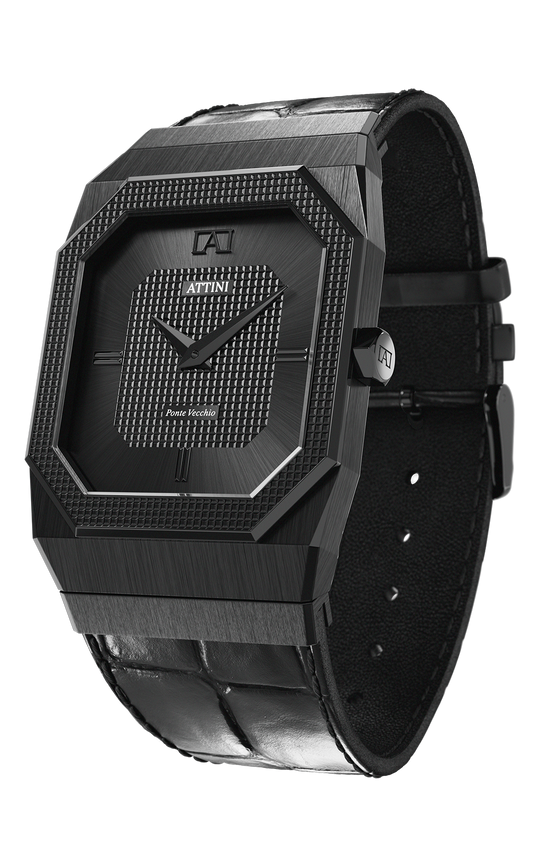 ATTINI - Ponte Vecchio, Firenze / Leather Strap (croc pattern), Black Color, Swiss Parts
