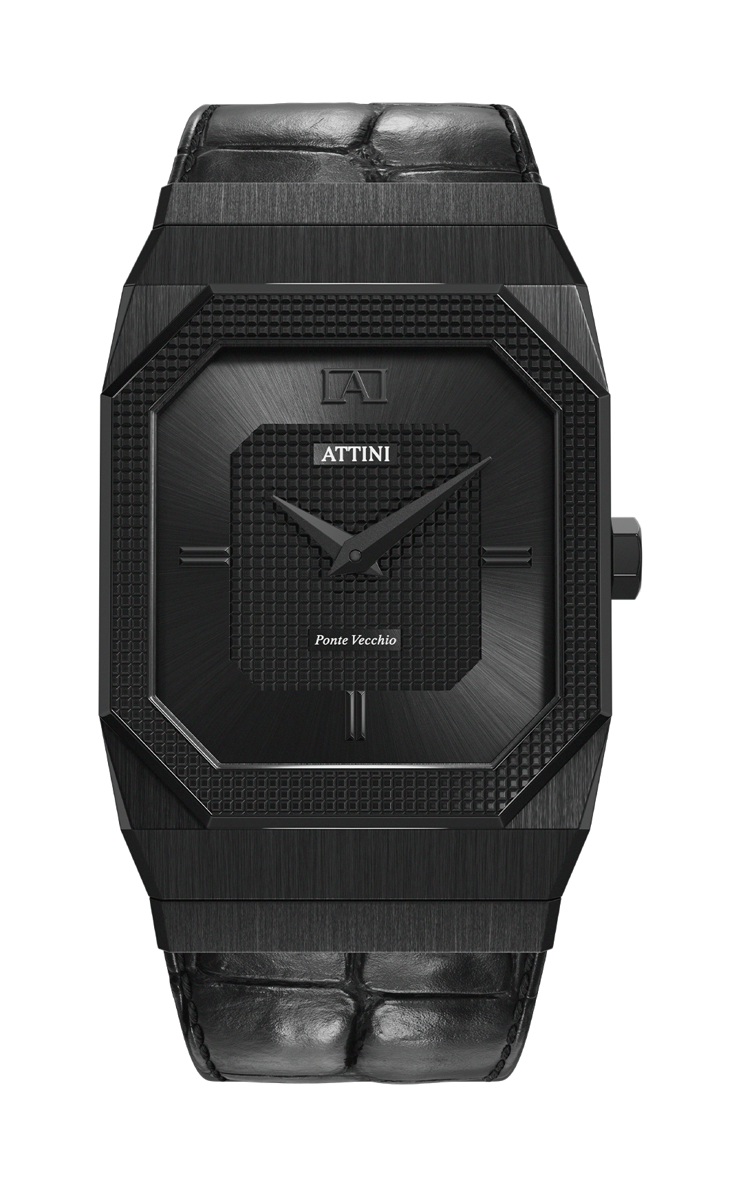 ATTINI - Ponte Vecchio, Firenze / Leather Strap (croc pattern), Black Color, Swiss Parts