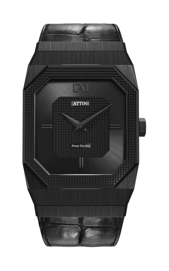 ATTINI - Ponte Vecchio, Firenze / Leather Strap (croc pattern), Black Color, Swiss Parts