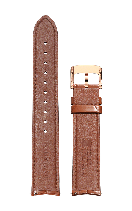 Brown Italian Leather Strap (croc pattern) / Rose Gold Color Buckle