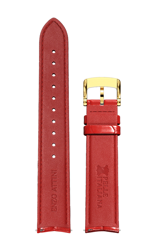 Red Italian Leather Strap (croc pattern) / Gold Color Buckle