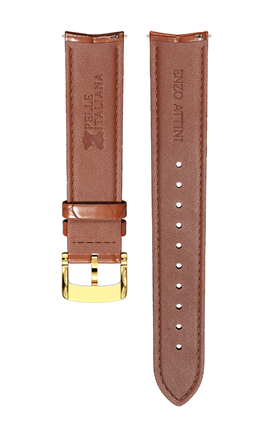 Brown Italian Leather Strap (croc pattern) / Gold Color Buckle